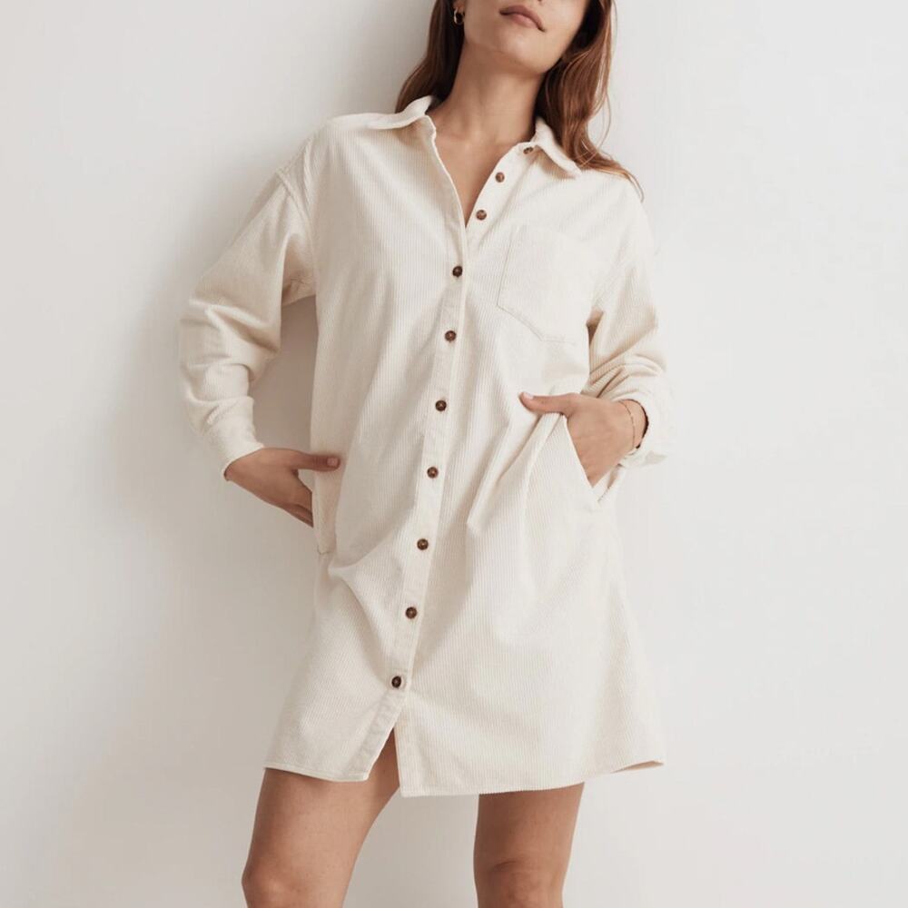 Madewell Corduroy Mini Shirt Dress in Cream NEW NWT Size L